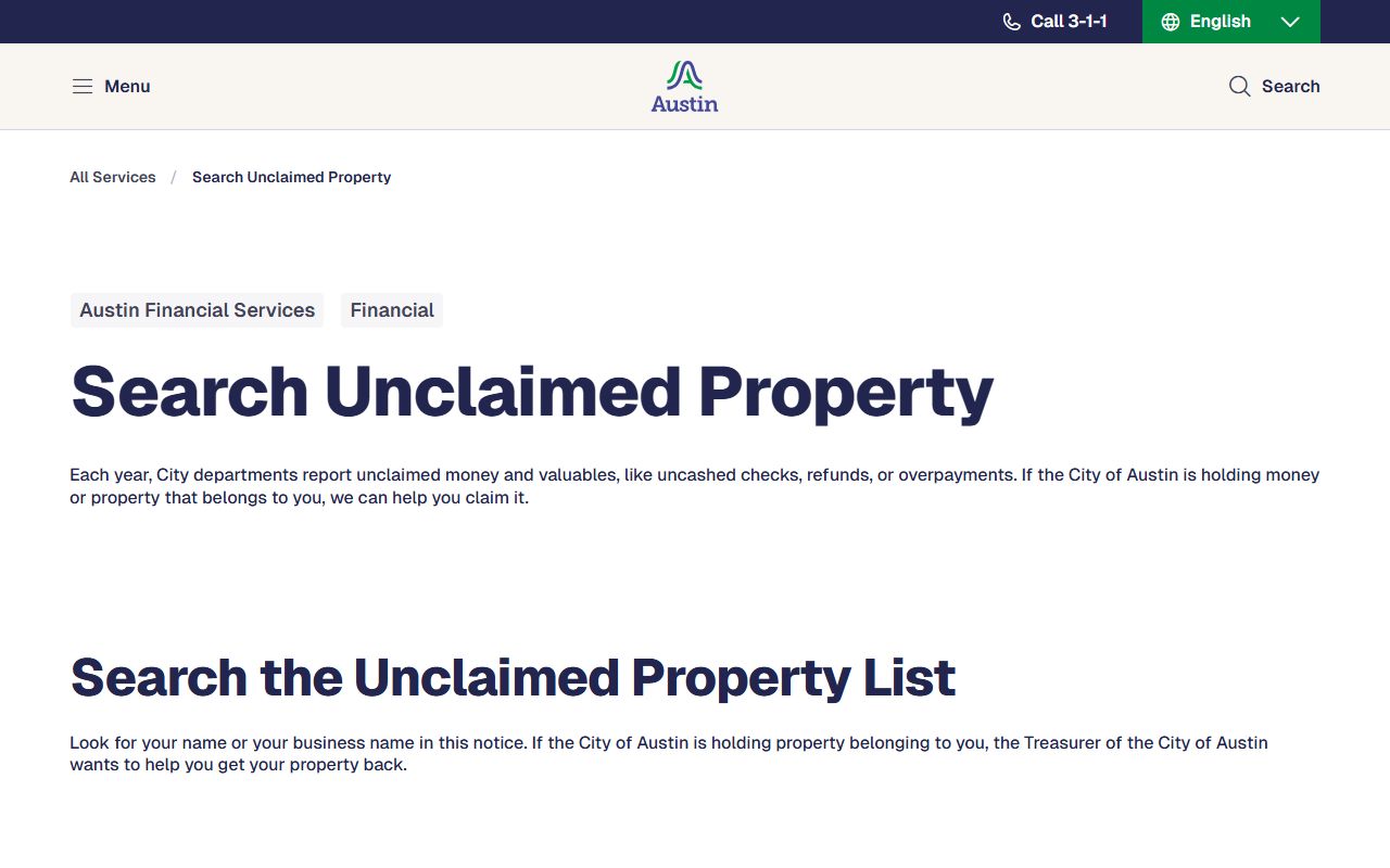 City of Austin unclaimed property search portal