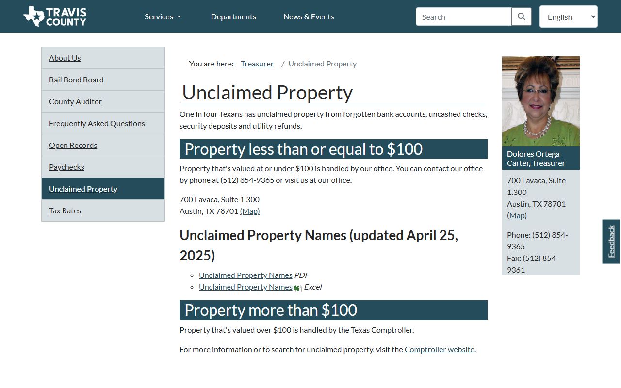 Travis County Treasurer unclaimed property page for Austin area funds