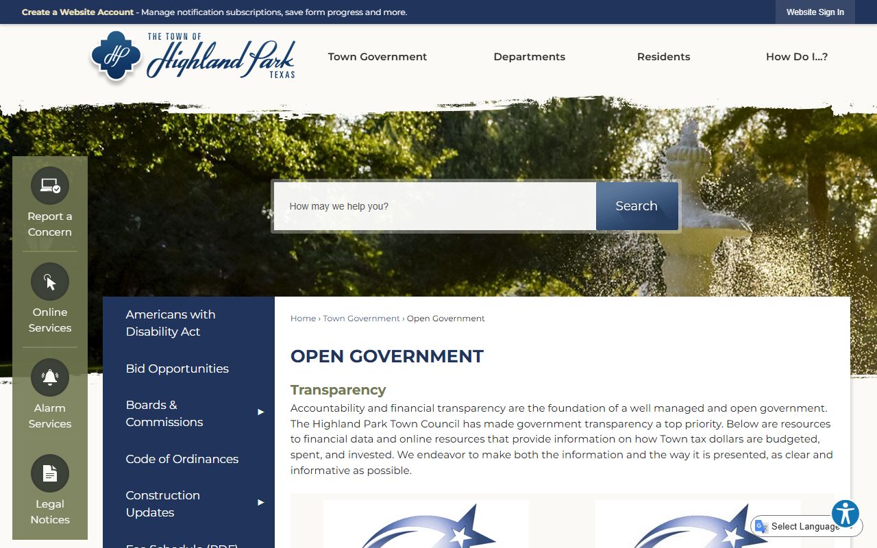 Highland Park Texas open government page showing unclaimed property information