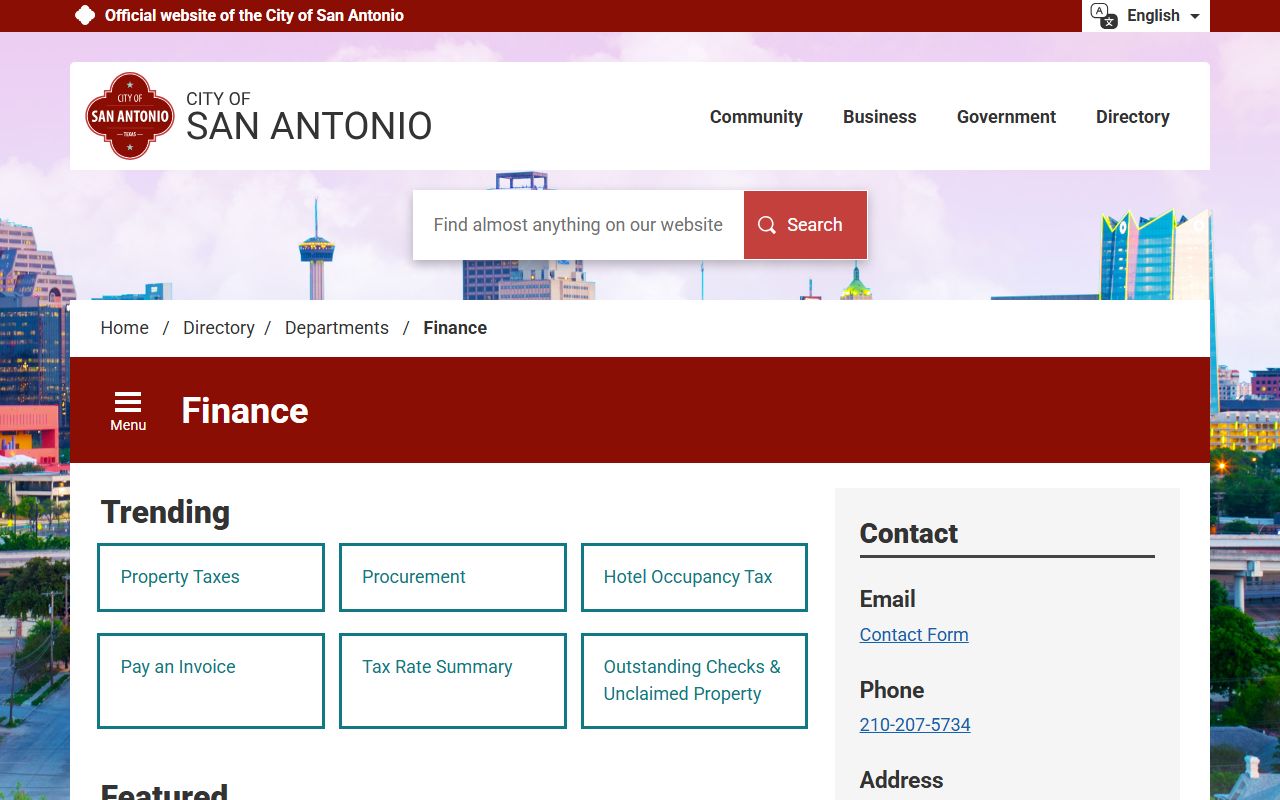 City of San Antonio Finance Department page for unclaimed money and property