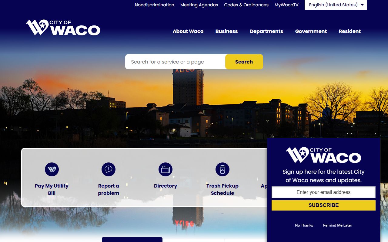 City of Waco official website showing finance department resources for Waco unclaimed money