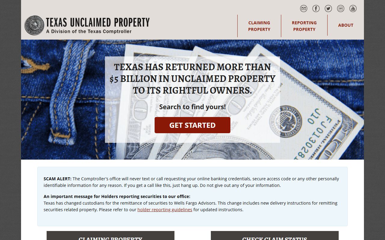 Texas Comptroller ClaimItTexas portal for Bastrop County unclaimed money search