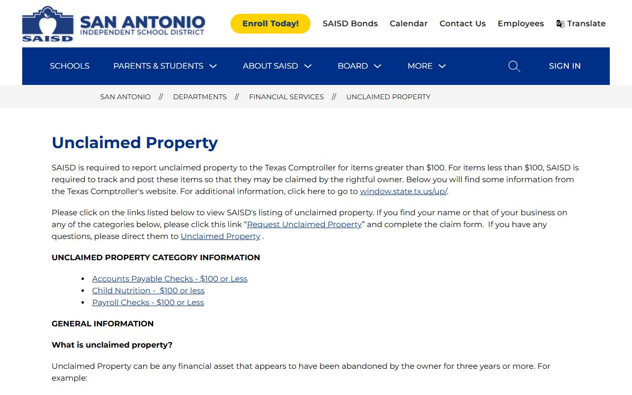 San Antonio ISD unclaimed property page for Bexar County residents