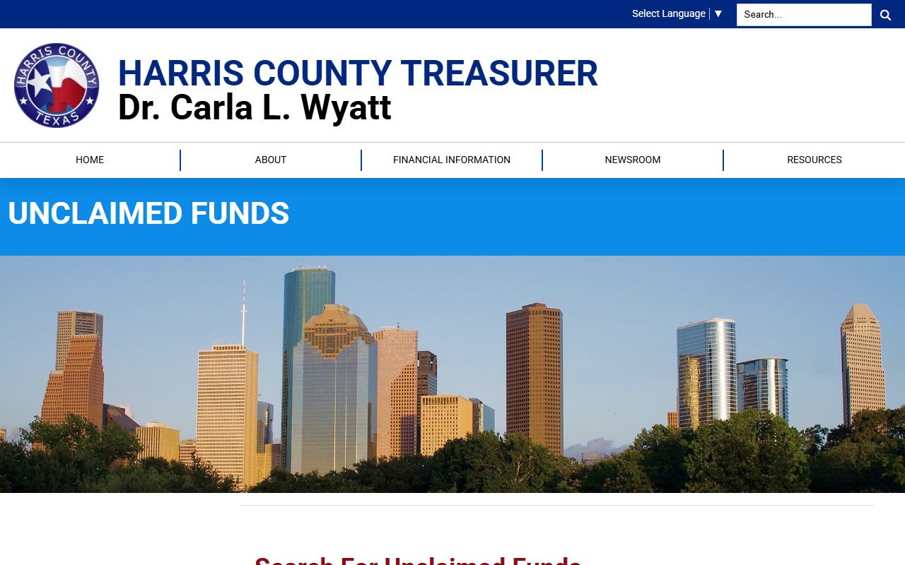 Harris County Treasurer unclaimed funds page showing locally held property