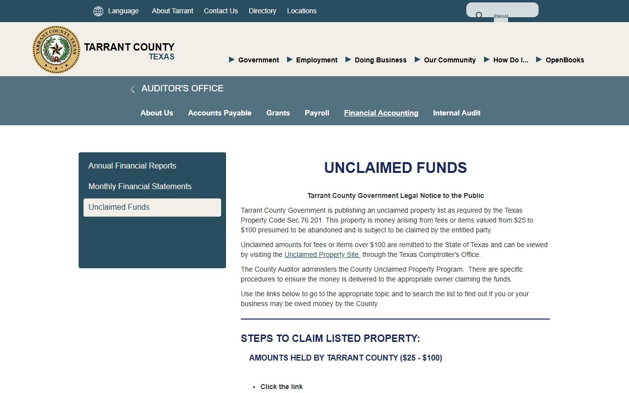 Tarrant County Auditor unclaimed funds page for locally held unclaimed property
