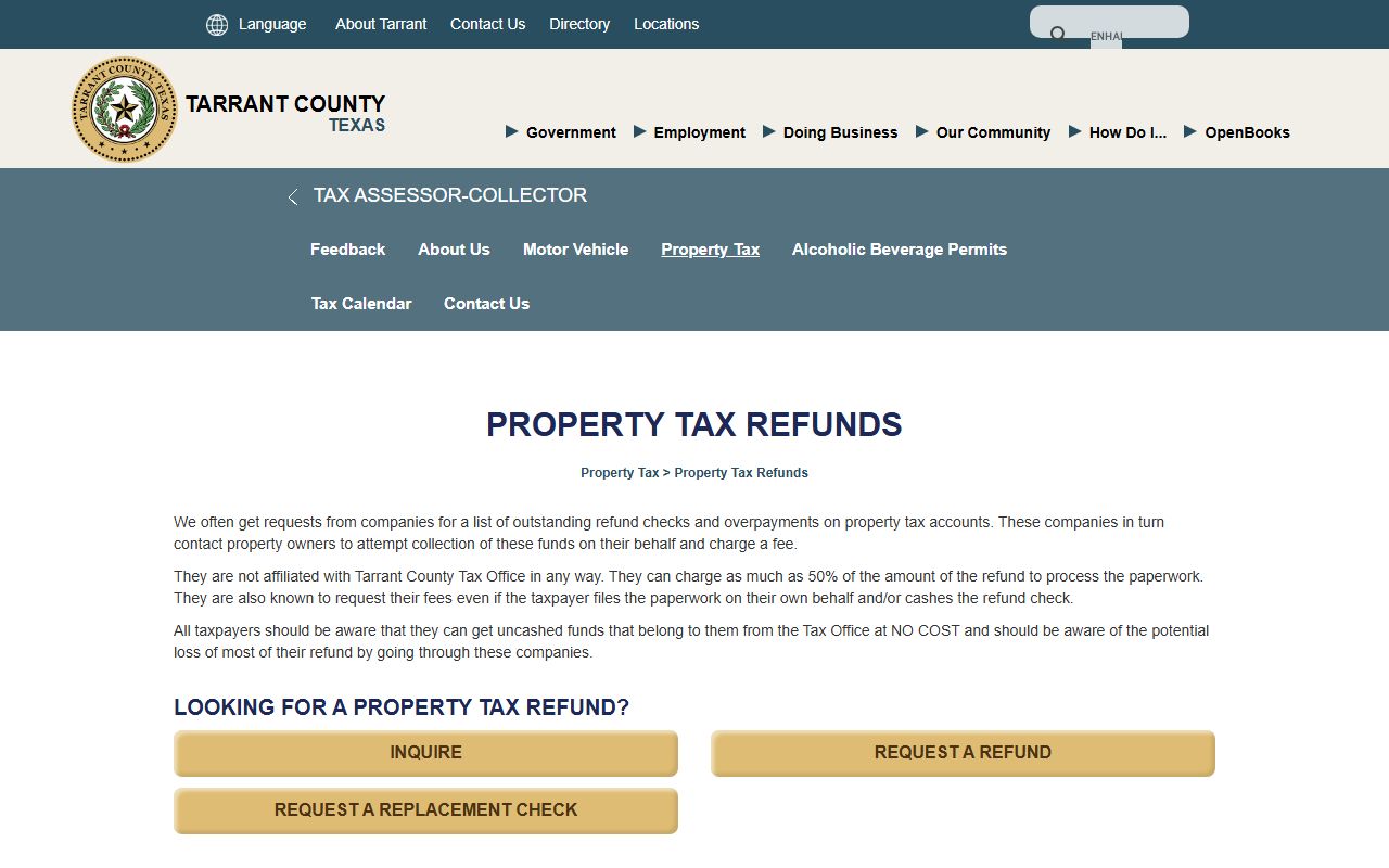 Tarrant County property tax refunds page for overpaid tax recovery