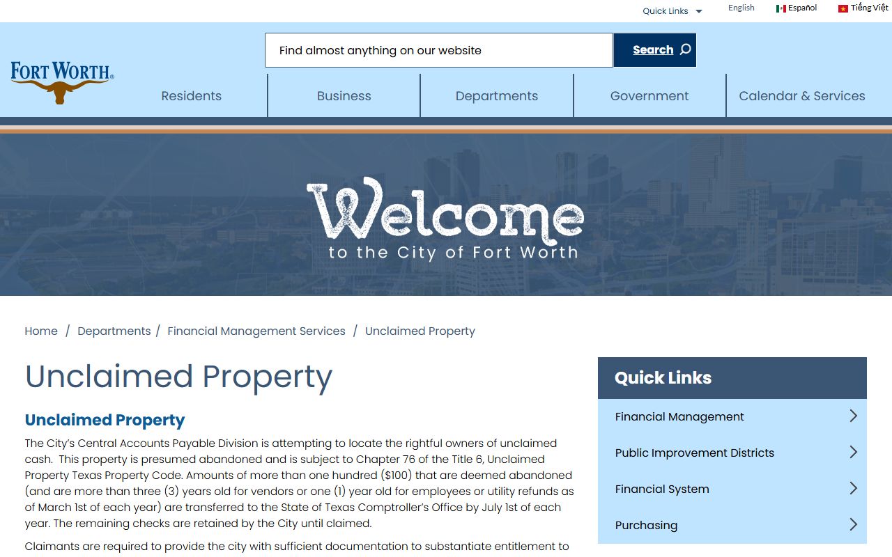 City of Fort Worth unclaimed property program page for city-held funds