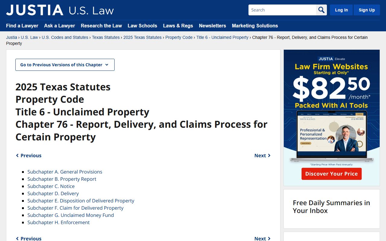 Texas Property Code Chapter 76 governing unclaimed money in Travis County
