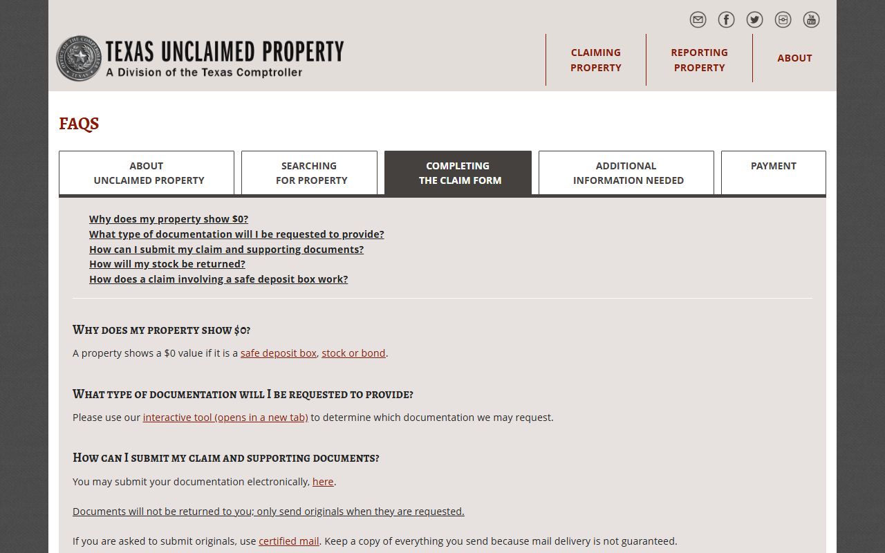 Texas unclaimed money claim completion FAQ answers and instructions