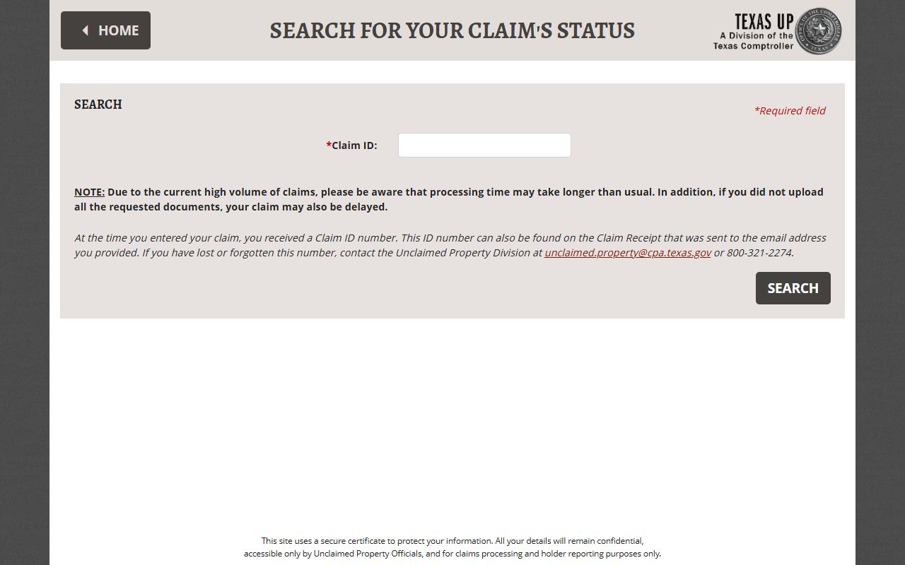Texas unclaimed money claim status search tool