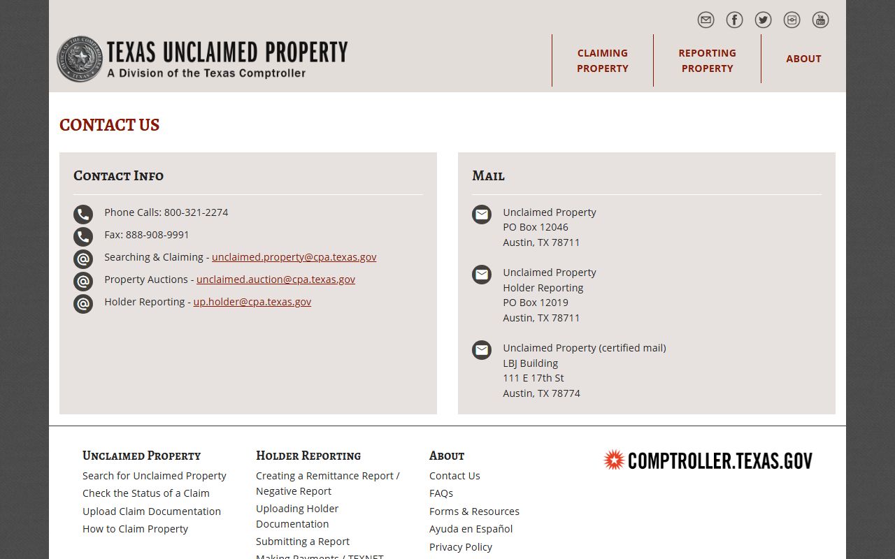Texas Comptroller unclaimed property contact information phone email and address