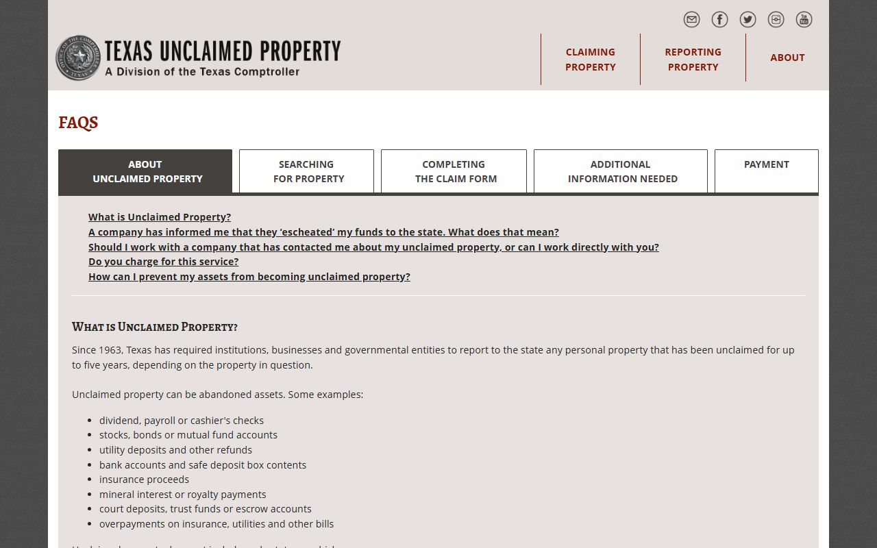 Texas Comptroller unclaimed money frequently asked questions page