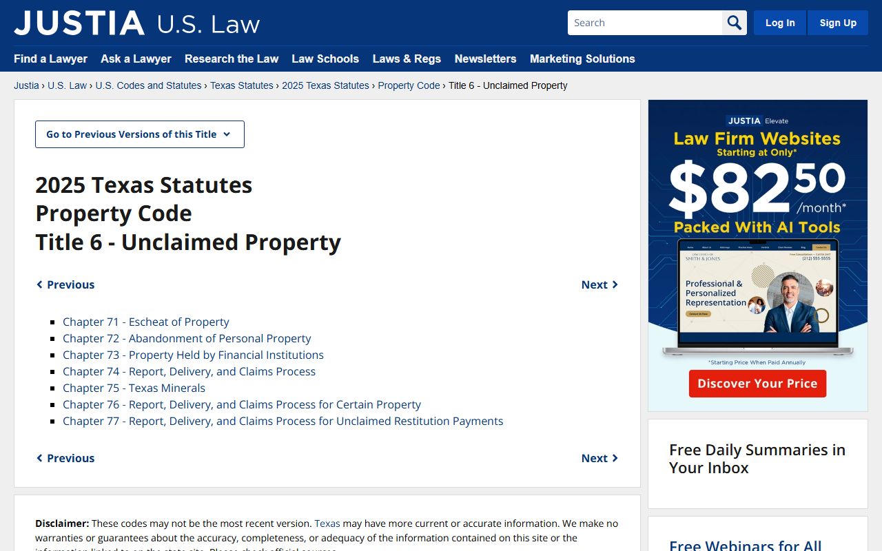 Texas Property Code Title 6 unclaimed money statutes full text